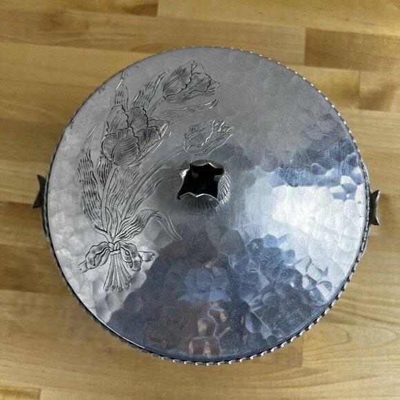 Vintage Mid Century Ice Bucket MCM TULIP Hammered Aluminum Lid Tongs Set - Picture 3 of 11